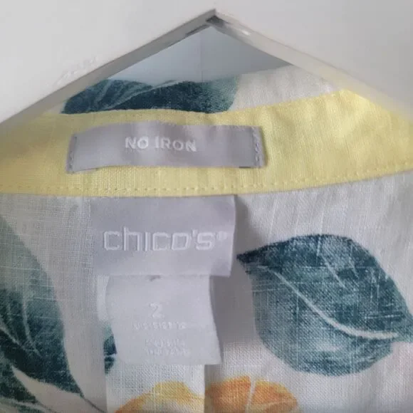 Chicos womens 100% linen shirt size 12 no Iron  lemon flower 3/4 sleeve - Picture 7 of 8